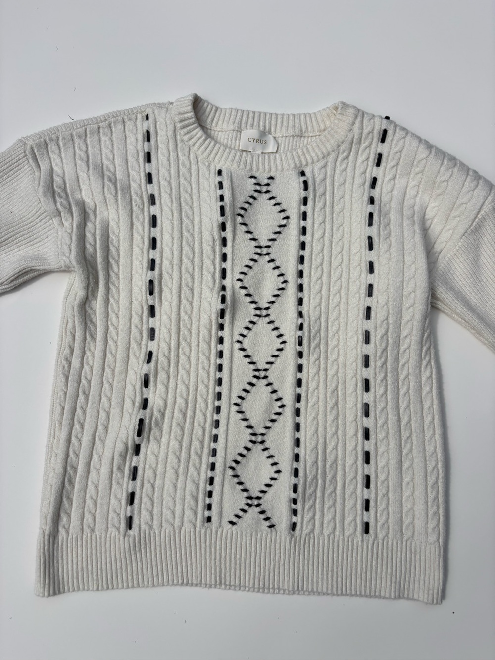 Cyrus Cream Cable Knit Crew Sweater with Black Stitching